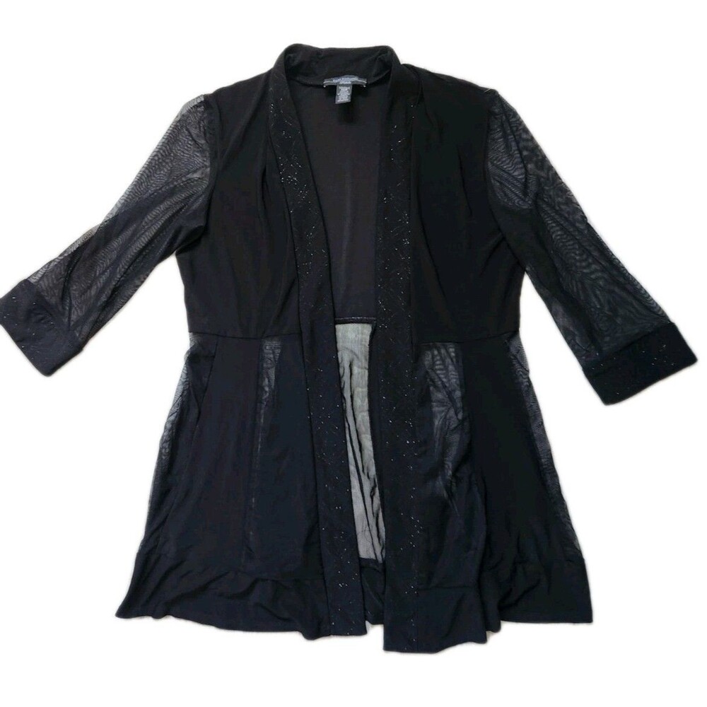 R&M Richards Cascade Shrug Cardigan Womens 10P Black Sheer Panel 3/4 Sleeve Open